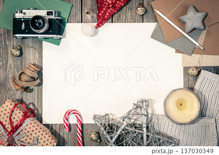 Christmas flat lay background on wooden surface, copy space. Christmas flat lay background on wooden surface, copy space. 137030349