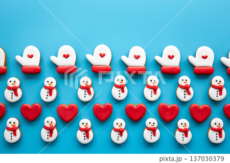 Christmas gingerbread on a blue background, flat lay. 137030379