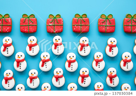 Christmas gingerbread on a blue background, flat lay. 137030384