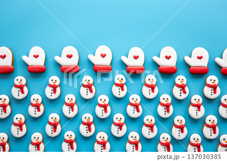 Christmas gingerbread on a blue background, flat lay. 137030385