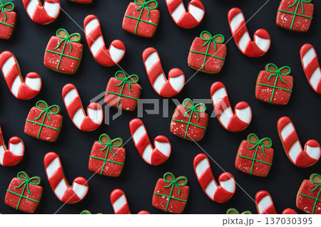 Christmas handmade gingerbread cookies covered with multi-colored icing. Christmas handmade gingerbread cookies covered with multi-colored icing. 137030395