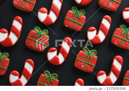 Christmas handmade gingerbread cookies covered with multi-colored icing. Christmas handmade gingerbread cookies covered with multi-colored icing. 137030398