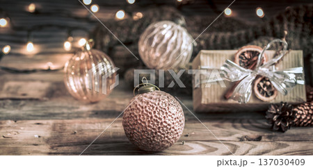 Christmas or New Year background, vintage toys on the Christmas tree Christmas or New Year background, vintage toys on the Christmas tree 137030409
