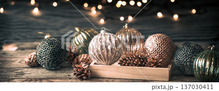 Christmas or New Year background, vintage toys on the Christmas tree 137030411