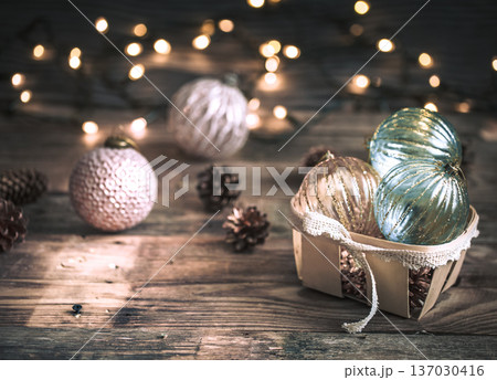 Christmas or New Year background, vintage toys on the Christmas tree 137030416