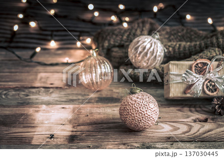Christmas or New Year background, vintage toys on the Christmas tree Christmas or New Year background, vintage toys on the Christmas tree 137030445