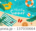 Summer pool scene illustration with fun beach accessories. Vector illustration 137030664