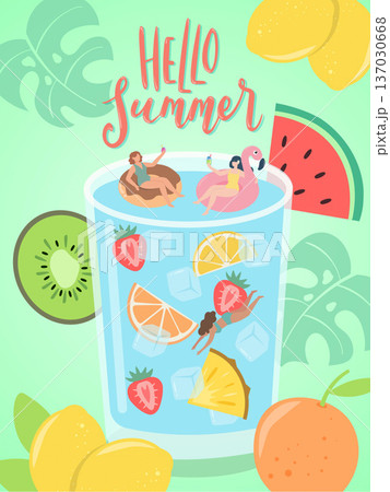 Summer tropical drink illustration with fruits and fun elements. Vector illustration 137030668