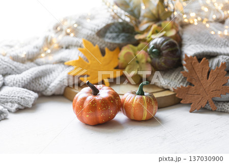 Autumn still life with pumpkins, leaves and knitted element. Autumn still life with pumpkins, leaves and knitted element. 137030900