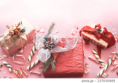 Beautiful festive gift box with various colorful sweets Beautiful festive gift box with various colorful sweets 137030989