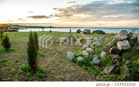 Beautiful landscape by the sea at sunset. 137031010
