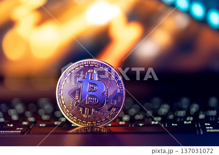 Bitcoin coin on keyboard with nice background. Crypto money concept. Bitcoin coin on keyboard with nice background. Crypto money concept. 137031072