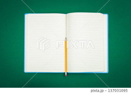 Blank notepad on green background, school concept, flat lay. 137031095