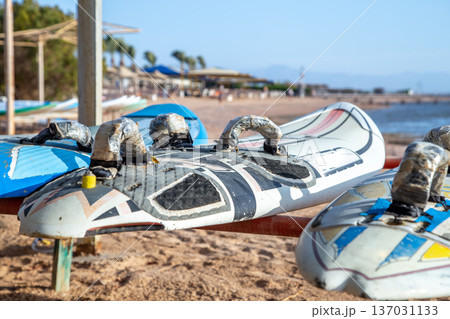 Boats on the beach for tourists close up 137031133