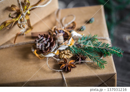 beautifully Packed with gift on wooden background 137031216