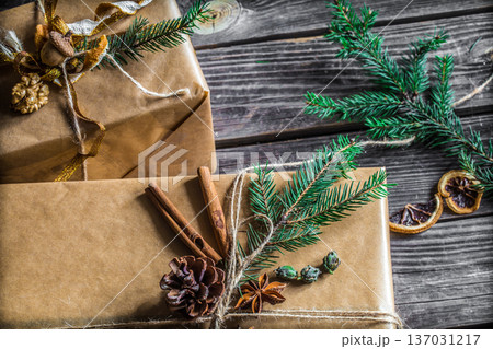 beautifully Packed with gift on wooden background 137031217