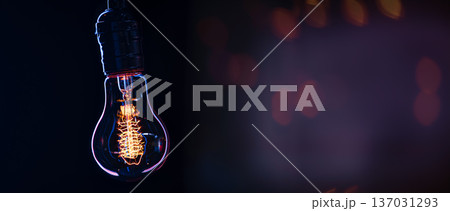 A burning lamp hangs in the dark on a blurred background. Space for text. 137031293