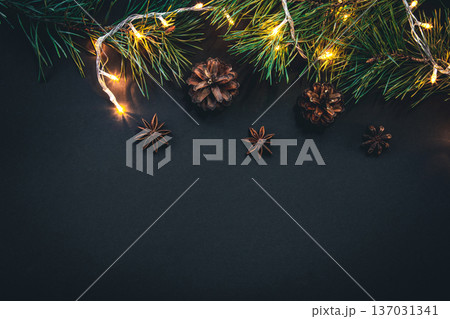 Christmas background with Christmas tree branches and garland, flat lay. 137031341