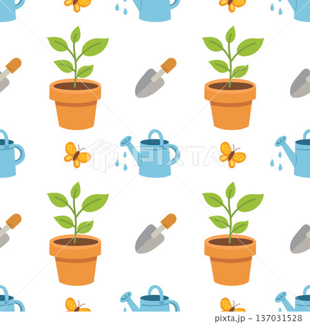 Garden Seamless Pattern with Plant Pot and Watering Can Illustration 137031528
