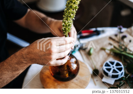 Hands place tall green flower stalk into glass vase on table. Japanese floral arrangement, minimalist aesthetics, meditative art, zen lifestyle, precision floristry, cultural heritage. 137031552
