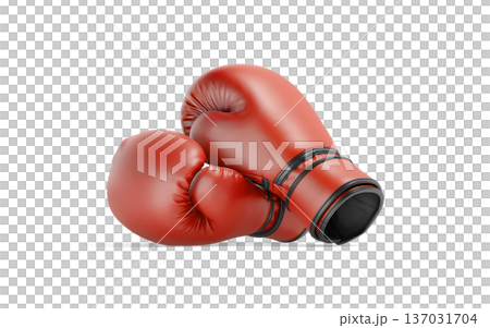 Blank red boxing gloves pair mockup png, transparent background 3d rendering. Empty professional sporting goods for kickboxing sparring mock up cut out. Clear boxer fighting uniform for hand template. 137031704