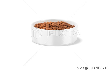 Blank white ceramic dog bowl with snack mockup, front view, png transparent background, 3d rendering. Empty porcelain pan with animal food mock up cut out. Clear kibble forage for domestic pets. Blank white ceramic dog bowl with snack mockup, front view, png transparent background, 3d rendering. Empty porcelain pan with animal food mock up cut out. Clear kibble forage for domestic pets. 137031712