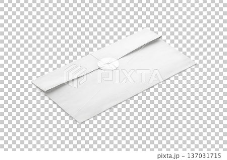 Blank white rectangle paper bag with sticker mockup png, transparent background, 3d rendering. Empty folded mail packaging with label mock up cut out. Clear protection delivery for letter or gift. 137031715