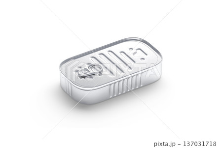 Blank aluminum sardine conserve can mockup png, transparent background, 3d rendering. Empty metallic jar or box for fish conservation mock up cut out. Clear sardines or sprat preserve package, 137031718