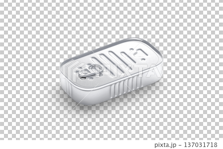 Blank aluminum sardine conserve can mockup png, transparent background, 3d rendering. Empty metallic jar or box for fish conservation mock up cut out. Clear sardines or sprat preserve package, 137031718