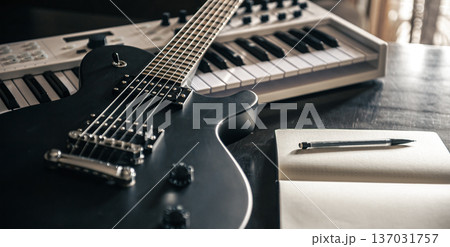 Close up, electric guitar and piano, musical creativity concept. 137031757