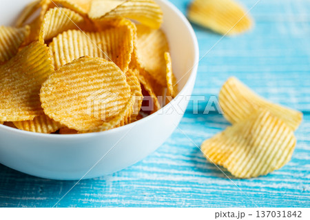 Close-up, a plate of potato chips on a blurred background. 137031842