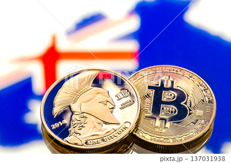 coins Bitcoin, against the background of Australia and the Australian flag, concept of virtual money, close-up. Conceptual image. coins Bitcoin, against the background of Australia and the Australian flag, concept of virtual money, close-up. Conceptual image. 137031938