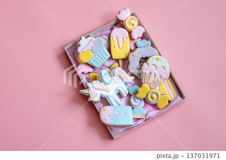 Flat lay box with colorful gingerbread cookies for children. 137031971