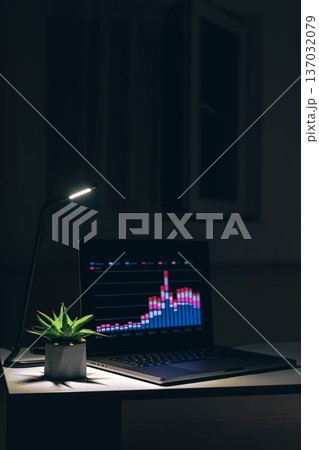 Computer in a dark room with graphs on the screen. Computer in a dark room with graphs on the screen. 137032079