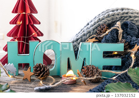 Cozy background with decorative word Home and home decor details. 137032152