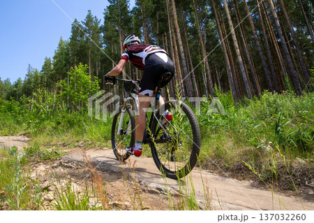 Rear view mountain biker riding Rear view mountain biker riding 137032260