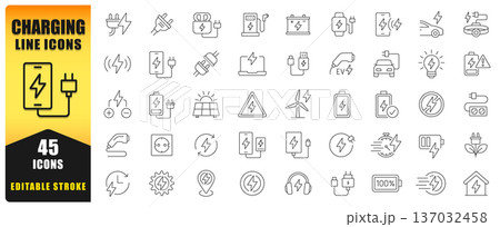 Charging Line Icon Set Featuring Editable Stroke Vector Symbols. Includes EV Charging, Batteries, Plugs, Renewable Energy, Power Supply, And Electric Devices. Ideal For Apps, Web, Print, And Infograph 137032458