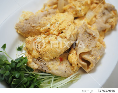 豚肉オムレツ、妻の手作り家庭料理、家庭で楽しむ夕ご飯、幸せ家族 豚肉オムレツ、妻の手作り家庭料理、家庭で楽しむ夕ご飯、幸せ家族 137032640