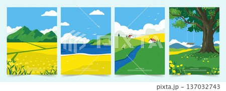 Summer landscapes showcasing vibrant nature scenes. Vector illustration 137032743