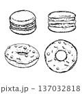 Monochrome ink drawing set of macarons and donuts with glaze and sprinkles. Hand sketched dessert collection arranged as pastry graphics for cafe menus, confectionery branding, product packaging 137032818