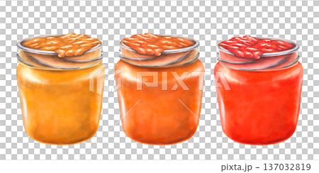 Watercolor set of apricot jam glass jars. Hand painted collection of homemade fruit preserves isolated on white background for packaging design, food branding, organic product, farmers market concepts Watercolor set of apricot jam glass jars. Hand painted collection of homemade fruit preserves isolated on white background for packaging design, food branding, organic product, farmers market concepts 137032819