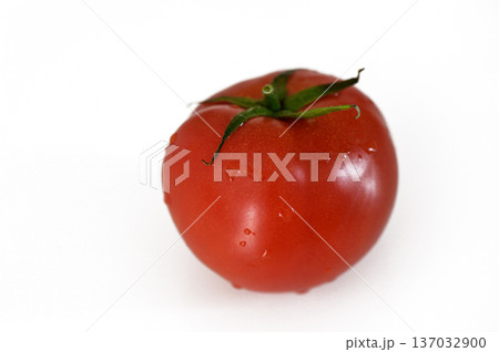 Fresh, ripe red tomato with dew glistening on its surface against a clean white Fresh, ripe red tomato with dew glistening on its surface against a clean white 137032900