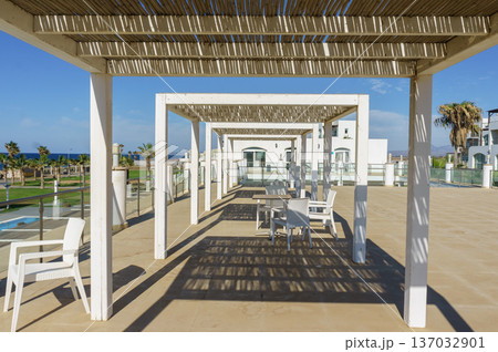 Relaxing terrace view overlooking the ocean with stylish seating and palm trees under a sunny sky. Relaxing terrace view overlooking the ocean with stylish seating and palm trees under a sunny sky. 137032901