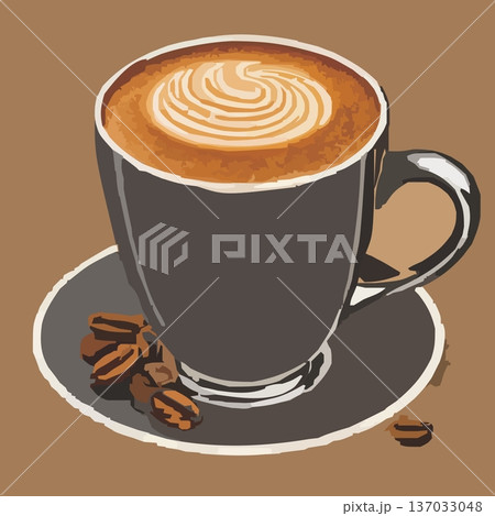 コーヒー豆が添えられたカプチーノ - カフェのリアル調イラスト  137033048