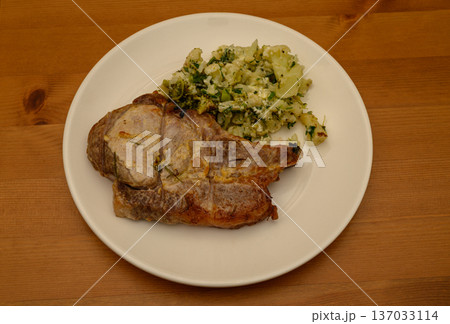 Overhead Fried Pork Chop Broccoli Cauliflower Plate 137033114