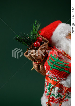 Santa Claus Face Close Up with Red Hat on Green Holiday Background 137033233