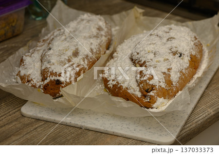 Rich German Stollen with Curd Cheese and Fruits Christmas Baking Tradition 137033373