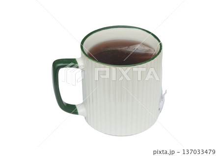 Simple White Mug with Hot Tea on Minimalist White Background 137033479