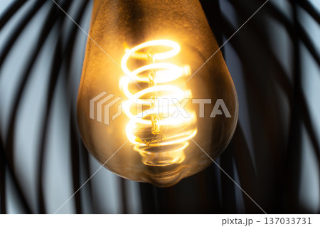 A close-up view of the spiral filament of a glowing bright light bulb inside a lampshade. The intricate details of illuminated coil create a warm and inviting atmosphere 137033731