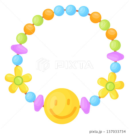 Plastic bracelet with yellow smile emoji. Happy face symbol Plastic bracelet with yellow smile emoji. Happy face symbol 137033734